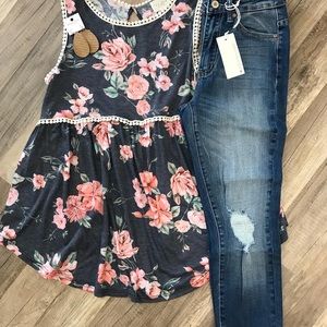 Navy floral babydoll swing tank NEW Boutique